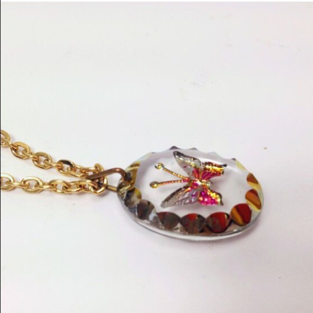 Vintage Necklace With Acrylic Butterfly Pendant